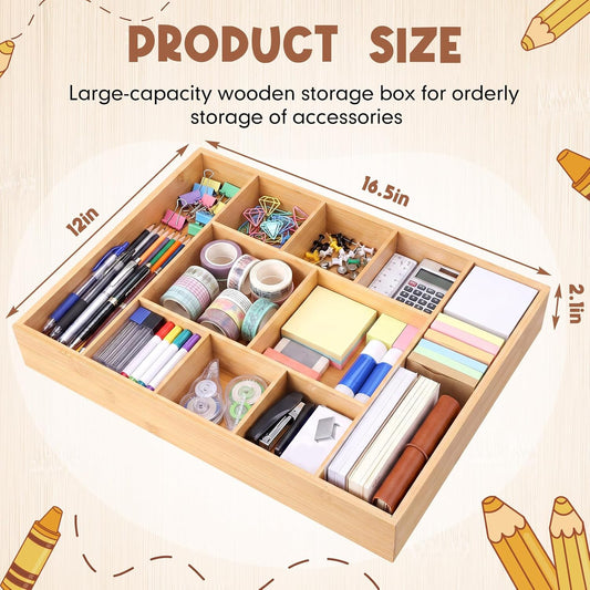 SiliFine 2 Pack Large Bamboo Desk Drawer Organizer, 10 Compartment Organization Tray Junk Drawer Storage Box Multi-use Container Bin for Kitchen, Sewing, Makeup, Office, Bathroom Vanity, 16.5"x12"