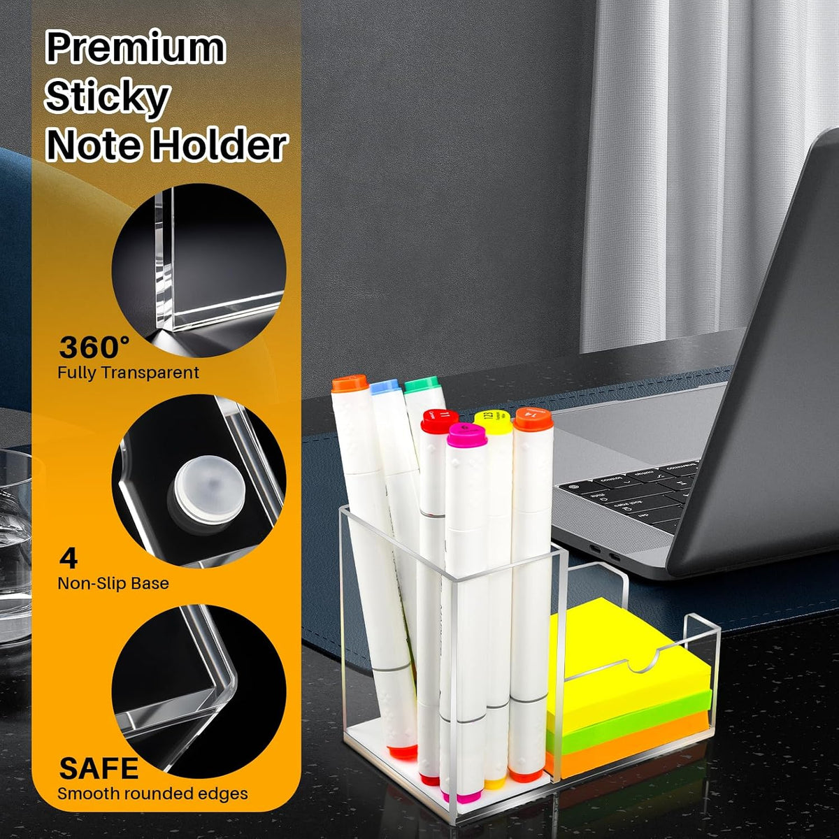 Sticky Note Holder, Crystal Clear Acrylic Pen and Sticky Note Dispenser for 3x3 Inches Note Pads, Simple Phone Stand for Office Home School Dorm Room Desk Organizer(No Pads) (1)