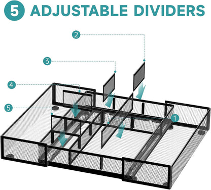 Expandable Desk Drawer Organizer Tray with 10 Adjustable Compartments, Metal Mesh Office Drawer Organizer, Versatile Desk Organizer for Home, School Supplies, Makeup Vanity & Jewelry (Black)