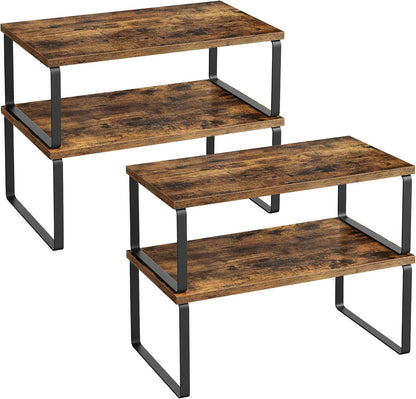 SONGMICS Cabinet Organizer Shelf, Set of 4 Kitchen Counter Shelves, Kitchen Storage, Spice Rack, Stackable, Expandable, Metal and Engineered Wood, Cloud White and Natural Beige UKCS010N01