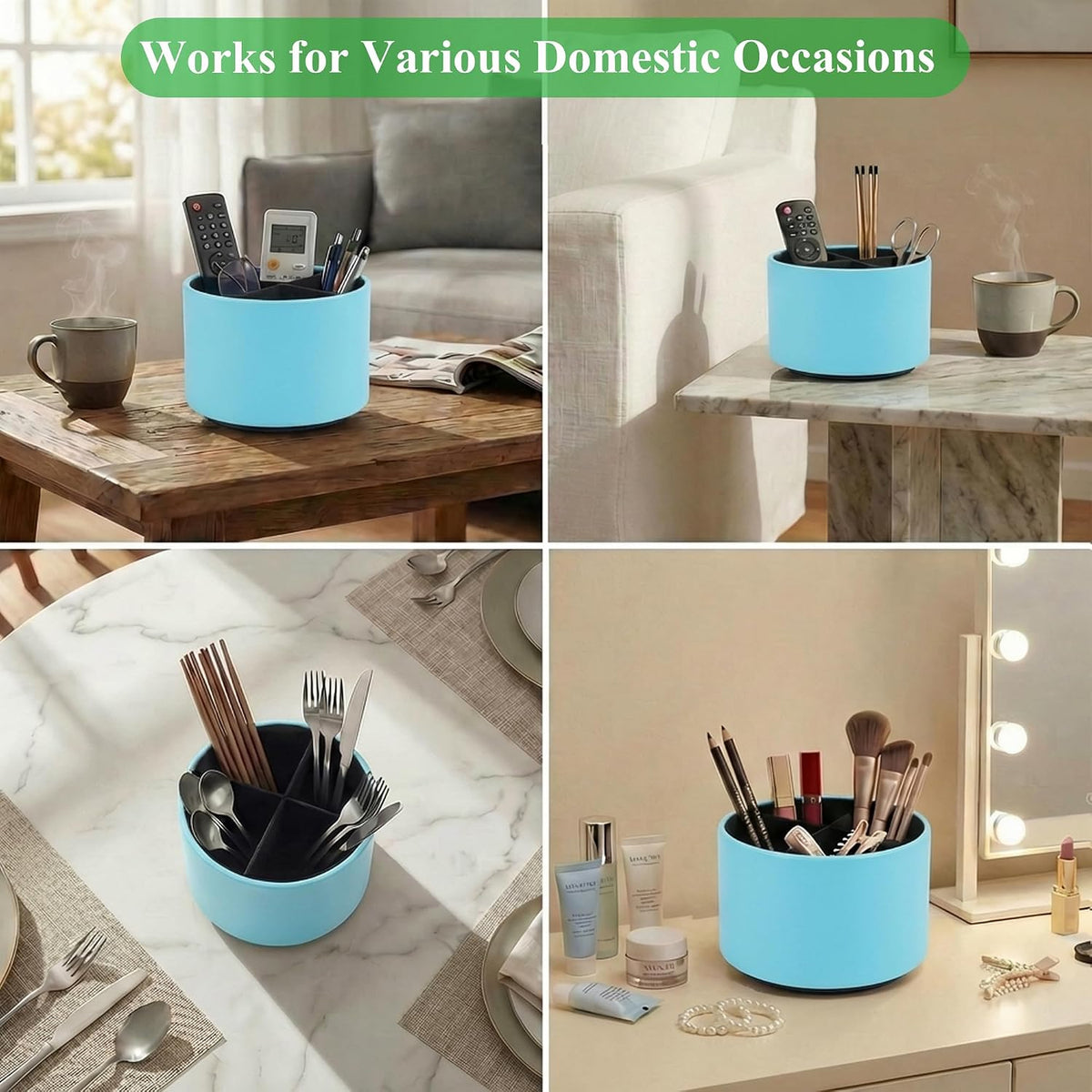 Round Leather Art Supply Organizer,Remote Control Holder,360 Degree Rotating,Multi-Functional Pencil Holder,4 Compartments Desktop Stationary Organizer(1-Blue Bird) - Colors C