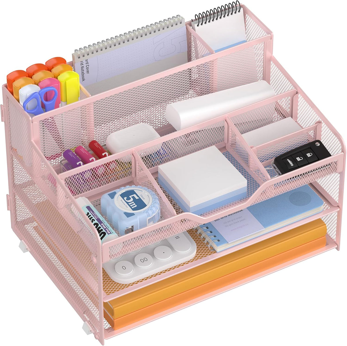 Docnest 5 Tier Mesh Desk Organizer for Paper Office Supplies – Multi-Functional Letter Tray with 5 Adjustable Compartments, 3 Pen Holders, Desktop Storage for Files, Mail, Stationery – Black