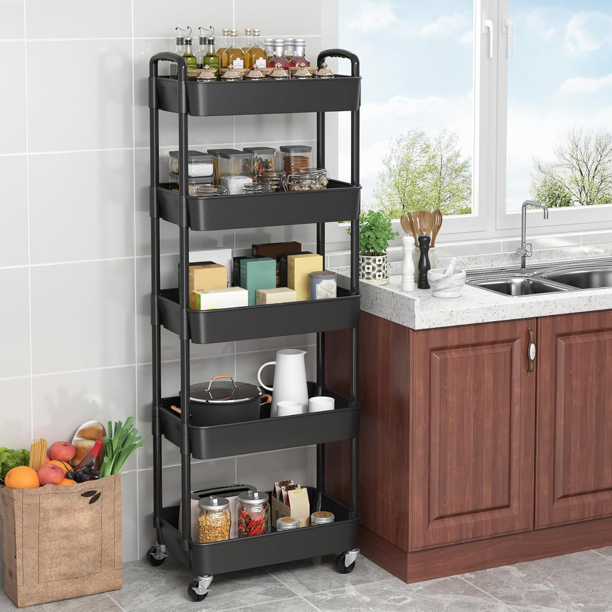Sywhitta 3-Tier Plastic Rolling Utility Cart with Handle, Multi-Functional Storage Trolley for Office, Living Room, Kitchen, Movable Storage Organizer with Wheels, Black