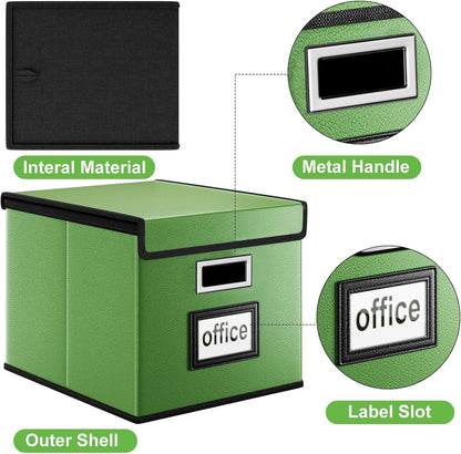 Upgraded Portable File Organizer Box with Lid, Collapsible Linen Hanging Filing Storage Boxes with Plastic Slides, Decorative Home/Office Filing System Box for File and Folders Storage (Gray)