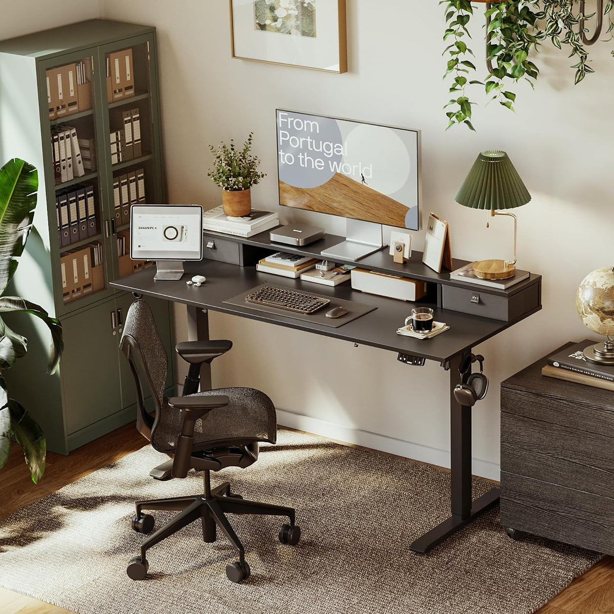 48 * 24 Inch Electric Standing Desk with Shelf & Led, Dark Walnut