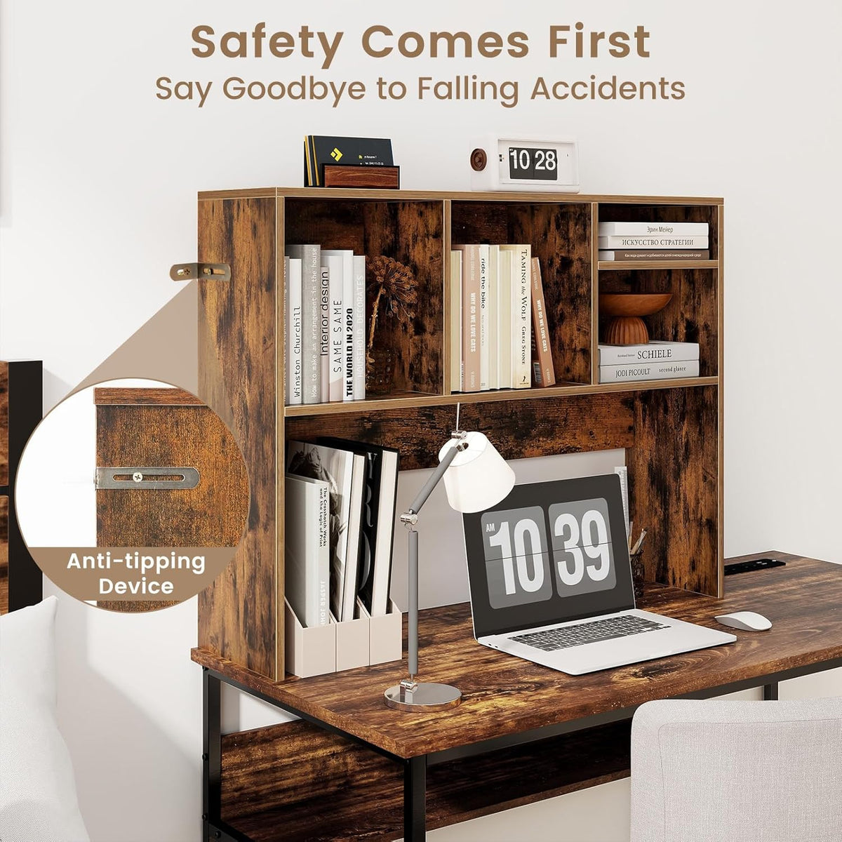 Desktop Bookshelf, Countertop Storage Hutch with 5 Shelves for Computer Desk, Desk 3-Tier Display Rack, Multipurpose Wood Desktop Hutch Storage Organizer for Dorm Office Home