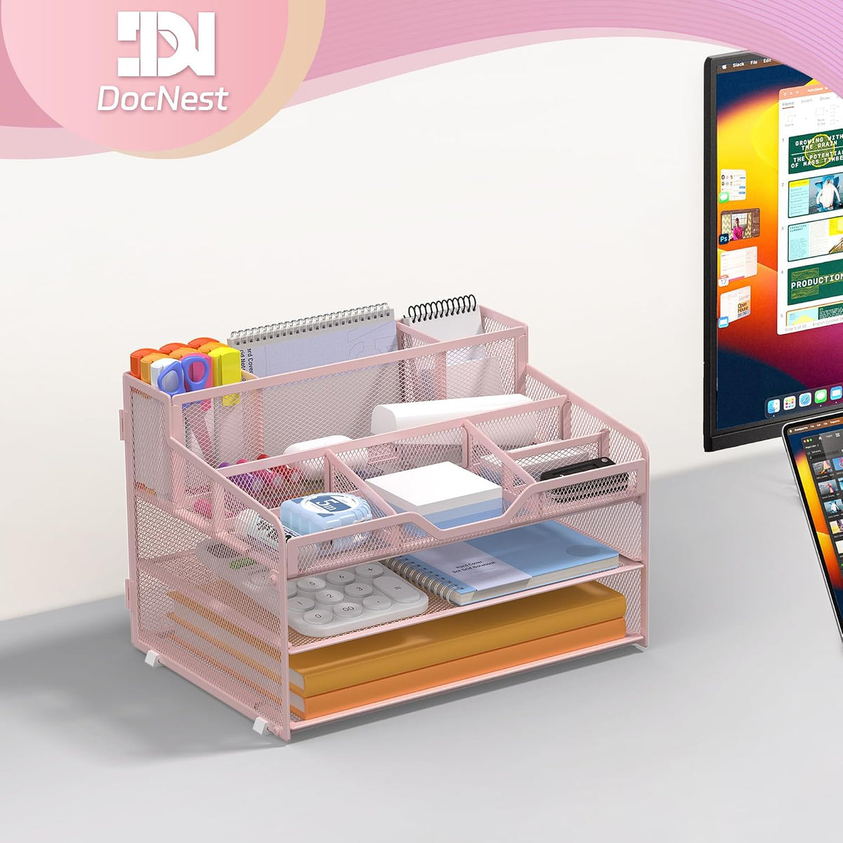 Docnest 5 Tier Mesh Desk Organizer for Paper Office Supplies – Multi-Functional Letter Tray with 5 Adjustable Compartments, 3 Pen Holders, Desktop Storage for Files, Mail, Stationery – Black