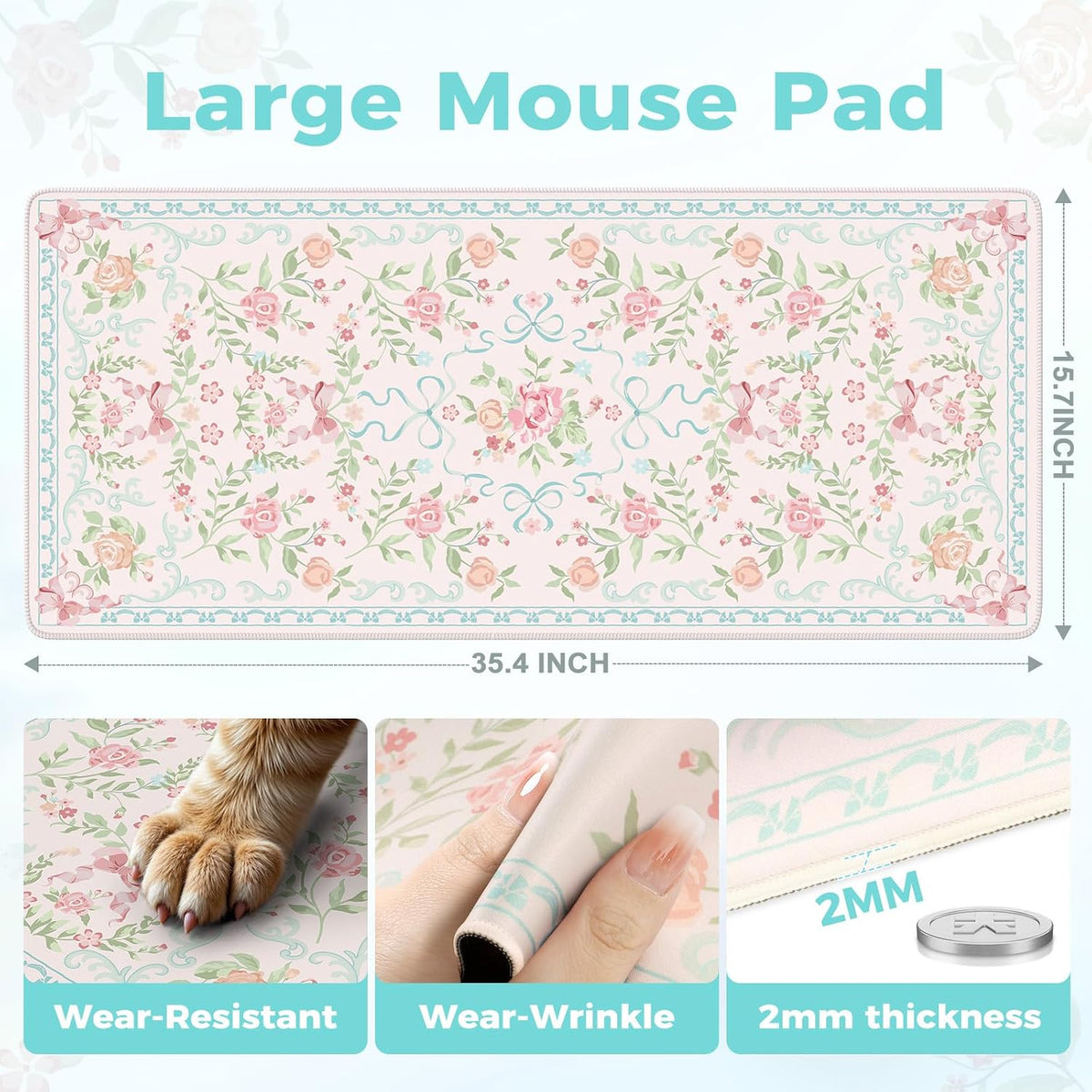 Desk Mat,Mouse Pad for Office Desk,35.4x15.7in,Pink Flowers