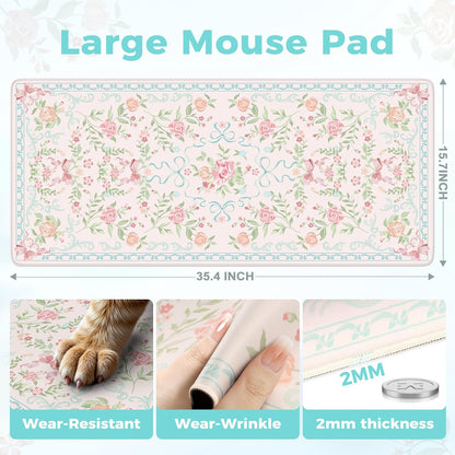 Desk Mat,Mouse Pad for Office Desk,35.4x15.7in,Pink Flowers