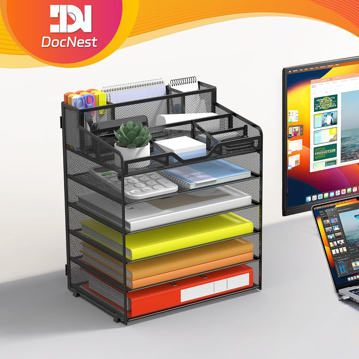 Docnest 5 Tier Mesh Desk Organizer for Paper Office Supplies – Multi-Functional Letter Tray with 5 Adjustable Compartments, 3 Pen Holders, Desktop Storage for Files, Mail, Stationery – Black