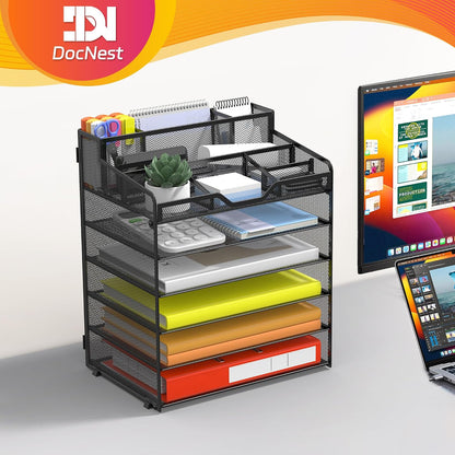 Docnest 5 Tier Mesh Desk Organizer for Paper Office Supplies – Multi-Functional Letter Tray with 5 Adjustable Compartments, 3 Pen Holders, Desktop Storage for Files, Mail, Stationery – Black