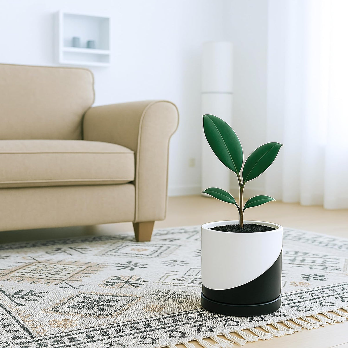 D'vine Dev 4.7 Inch Ceramic Planter Pot with Drainage Hole and Saucer, Indoor Cylinder Round Planter Pot, Teal, 94-O-B-9