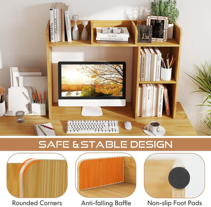 Desktop Bookshelf, Countertop Storage Hutch with 5 Shelves for Computer Desk, Desk 3-Tier Display Rack, Multipurpose Wood Desktop Hutch Storage Organizer for Dorm Office Home