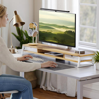 Fenge Dual Monitor Stand, Monitor Riser with Drawer, 42.5 Inch Large Computer Monitor Stand for 2 Monitors, 2 Tier Wooden Desk Shelf for Top of Desk