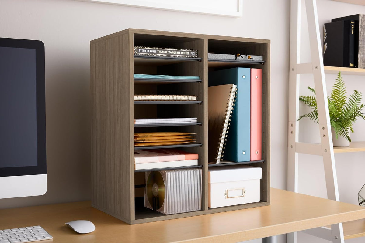 Safco 9422GR Wood Adjustable Literature & Paper Organizer, 16 Adjustable Compratment, Stackable Durable Construction, Home, Office, Mailroom, Classroom Mailbox , Gray