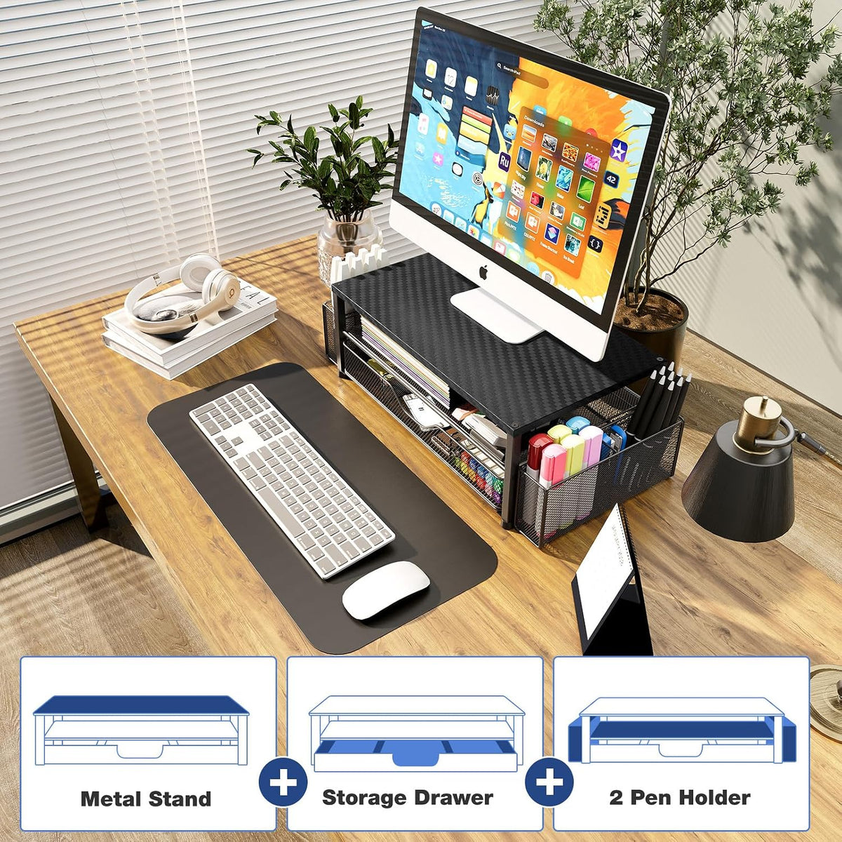 Desk Organizers and Accessories, Computer Monitor Stand Riser with Drawer and 2 Pen Holders, Printer & Laptop Stand, Office Desk Accessories & Workspace Organizers for Home Office Supplies, Black