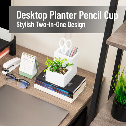 Ceramic Desktop Planter Pencil Cup, Desk Organizer with Faux Succulent, White