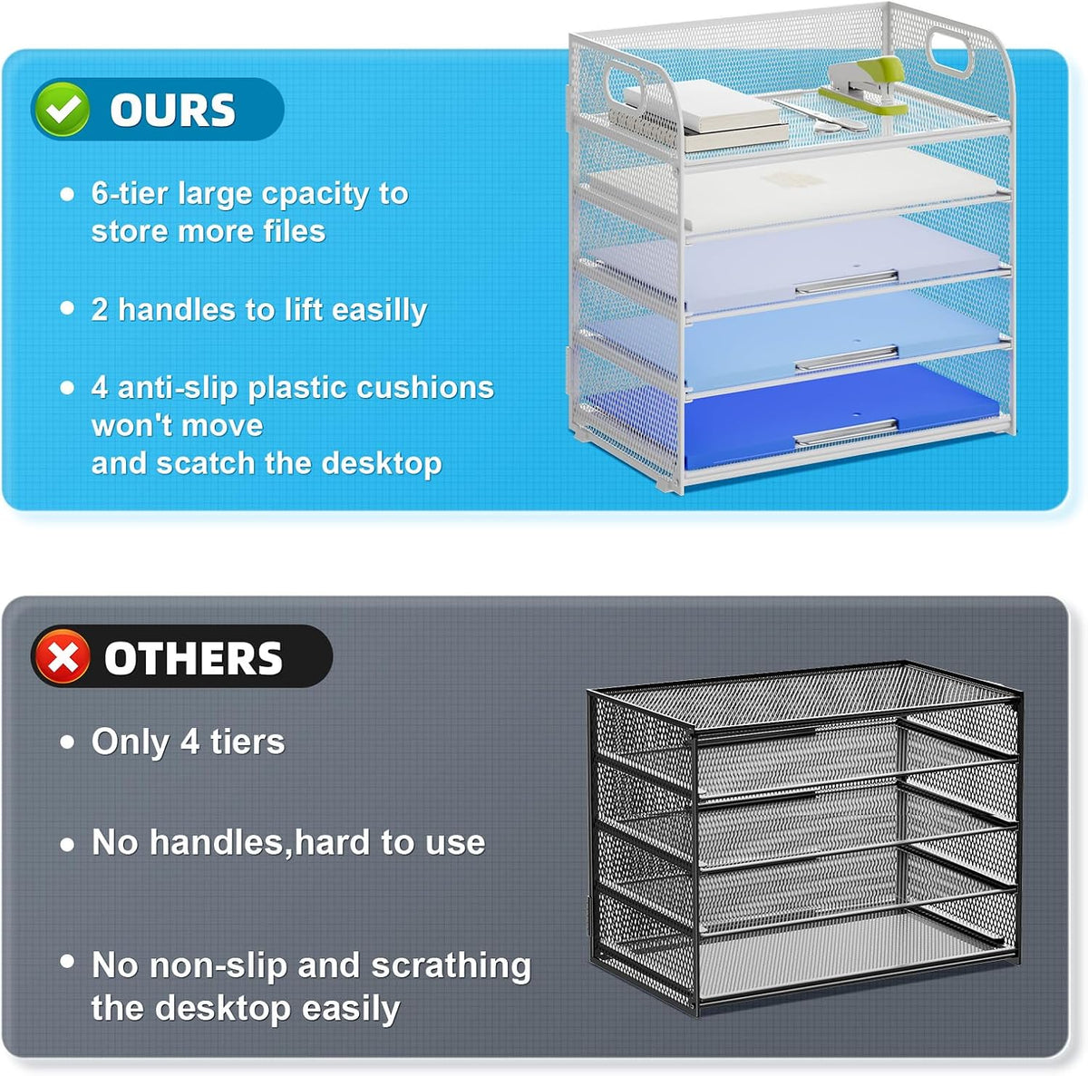 Marbrasse 5 Tier Paper Organizer Letter Tray, Mesh Desk File Organizer with Handle, Paper Sorter Desk Organizer for Home Office Supplies - Black, Adjustable