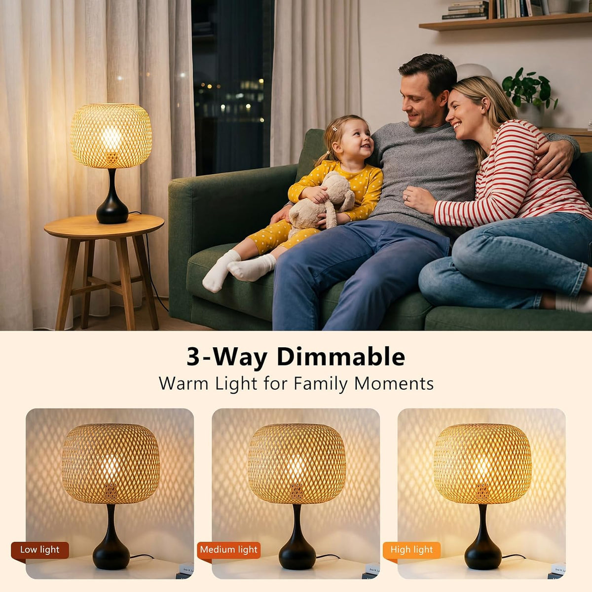 ONEWISH Touch Bedside Lamp for Bedroom, 3-Way Dimmable Farmhouse Table Lamps for Nightstand with Fabric Shade, Desk Lamp for Kids Reading, Home Office