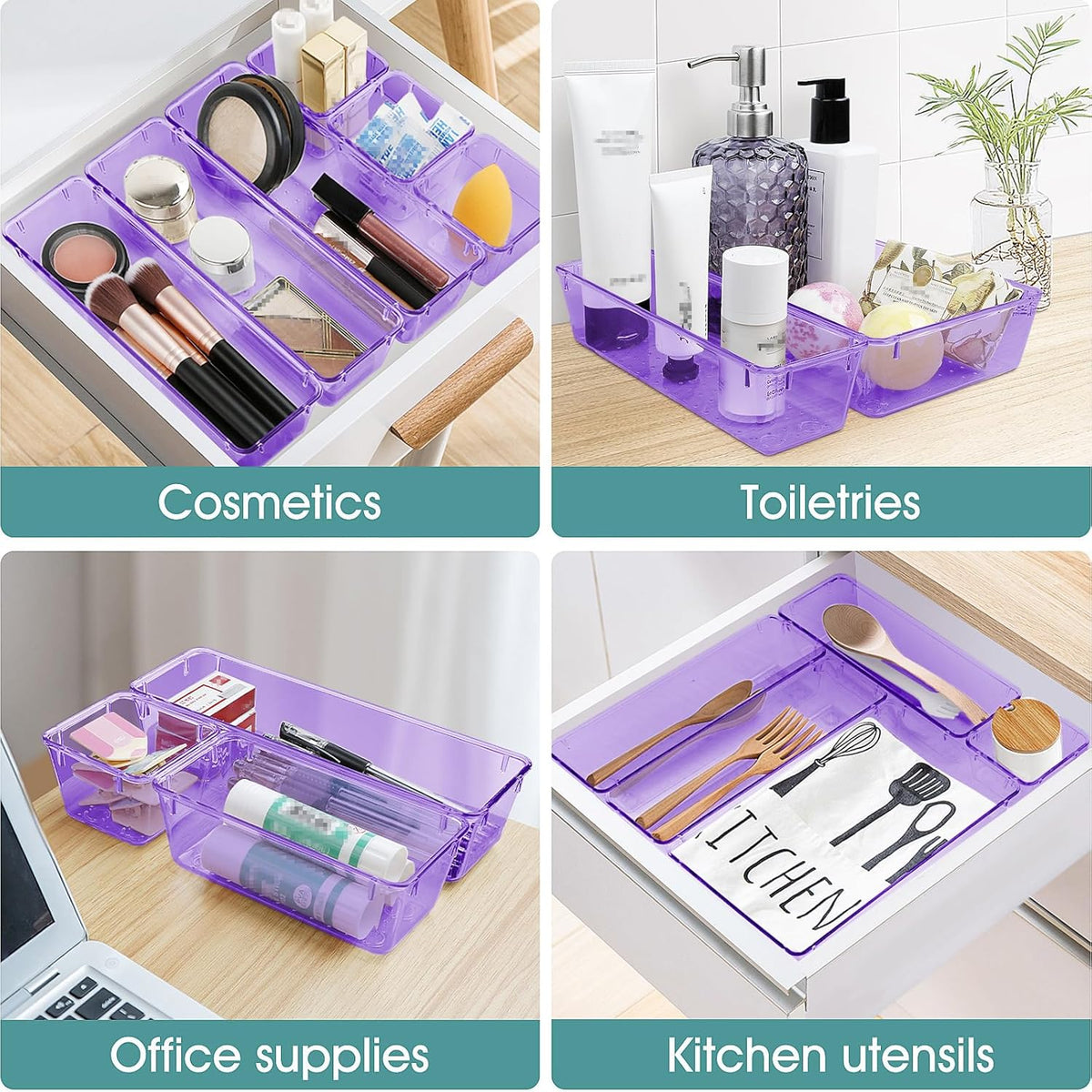 WOWBOX 25 PCS Clear Plastic Drawer Organizer Set, 4 Sizes Desk Drawer Divider Organizers and Storage Bins for Makeup, Jewelry, Gadgets for Kitchen, Bedroom, Bathroom, Office