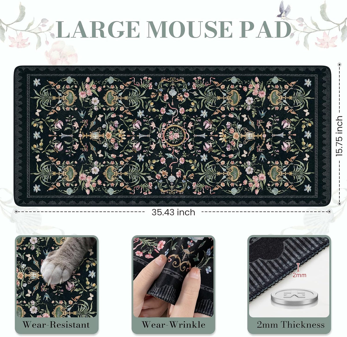 Desk Mat,Mouse Pad for Office Desk,35.4x15.7in,Pink Flowers