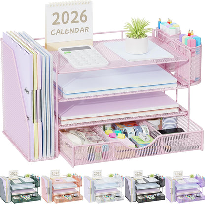 gianotter Desk Organizers and Accessories with File Holder, 4-Tier Desk Accessories & Workspace Organizers with Drawer and 2 Pen Holder, Paper Organizer for Office Supplies (Rose Gold)