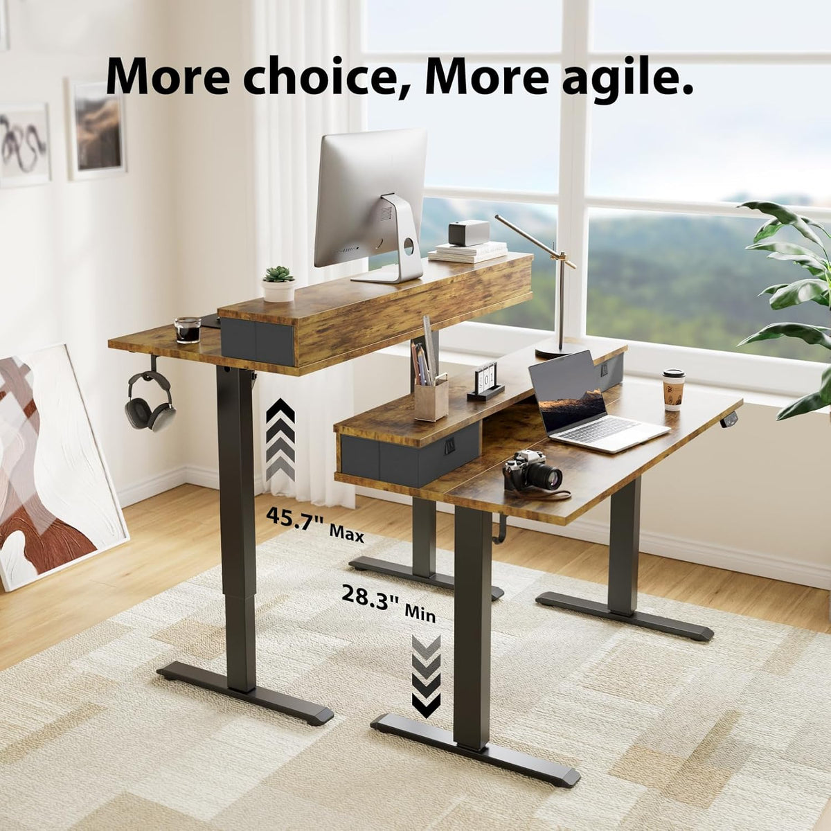 48 * 24 Inch Electric Standing Desk with Shelf & Led, Dark Walnut