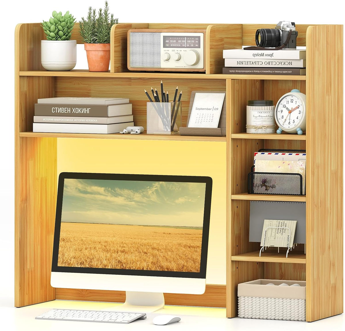 Desktop Bookshelf, Countertop Storage Hutch with 5 Shelves for Computer Desk, Desk 3-Tier Display Rack, Multipurpose Wood Desktop Hutch Storage Organizer for Dorm Office Home