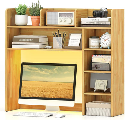 Desktop Bookshelf, Countertop Storage Hutch with 5 Shelves for Computer Desk, Desk 3-Tier Display Rack, Multipurpose Wood Desktop Hutch Storage Organizer for Dorm Office Home