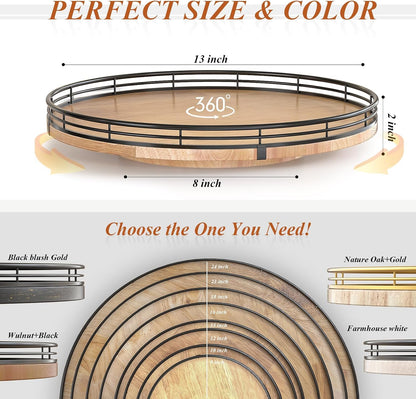 Farmhouse Oak 9" Lazy Susan Turntable Organizer for Cabinet, Round Wooden Lazy Susan Organization and Storage for Dining Table, Pantry, Kitchen, Countertop, Cupboard,Home Decor, Walnut Wood