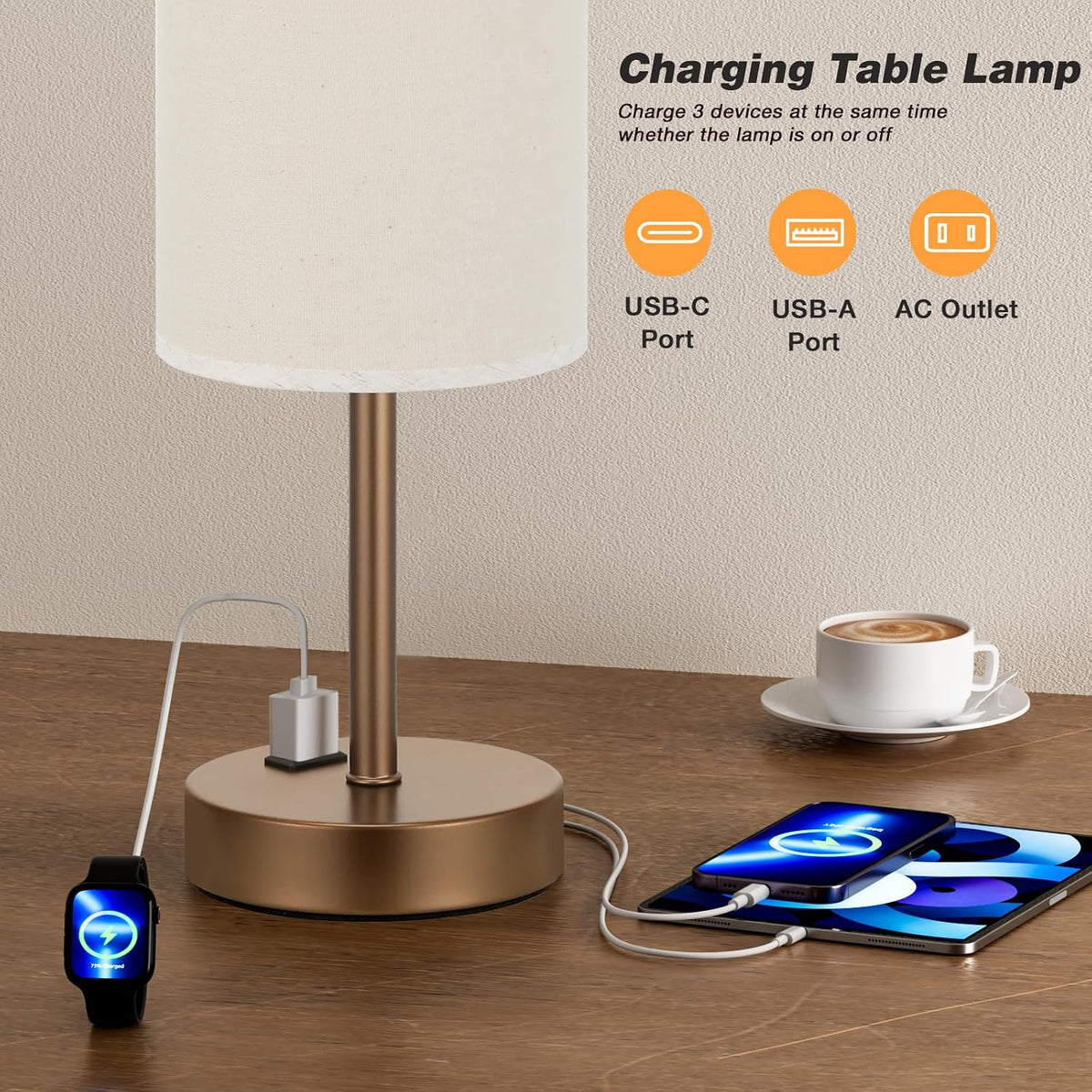 Fenmzee Bedside Table Lamp for Bedroom - Dimmable Touch, USB A+C, AC Outlet