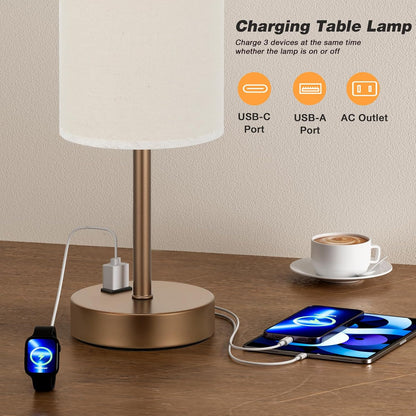 Fenmzee Bedside Table Lamp for Bedroom - Dimmable Touch, USB A+C, AC Outlet
