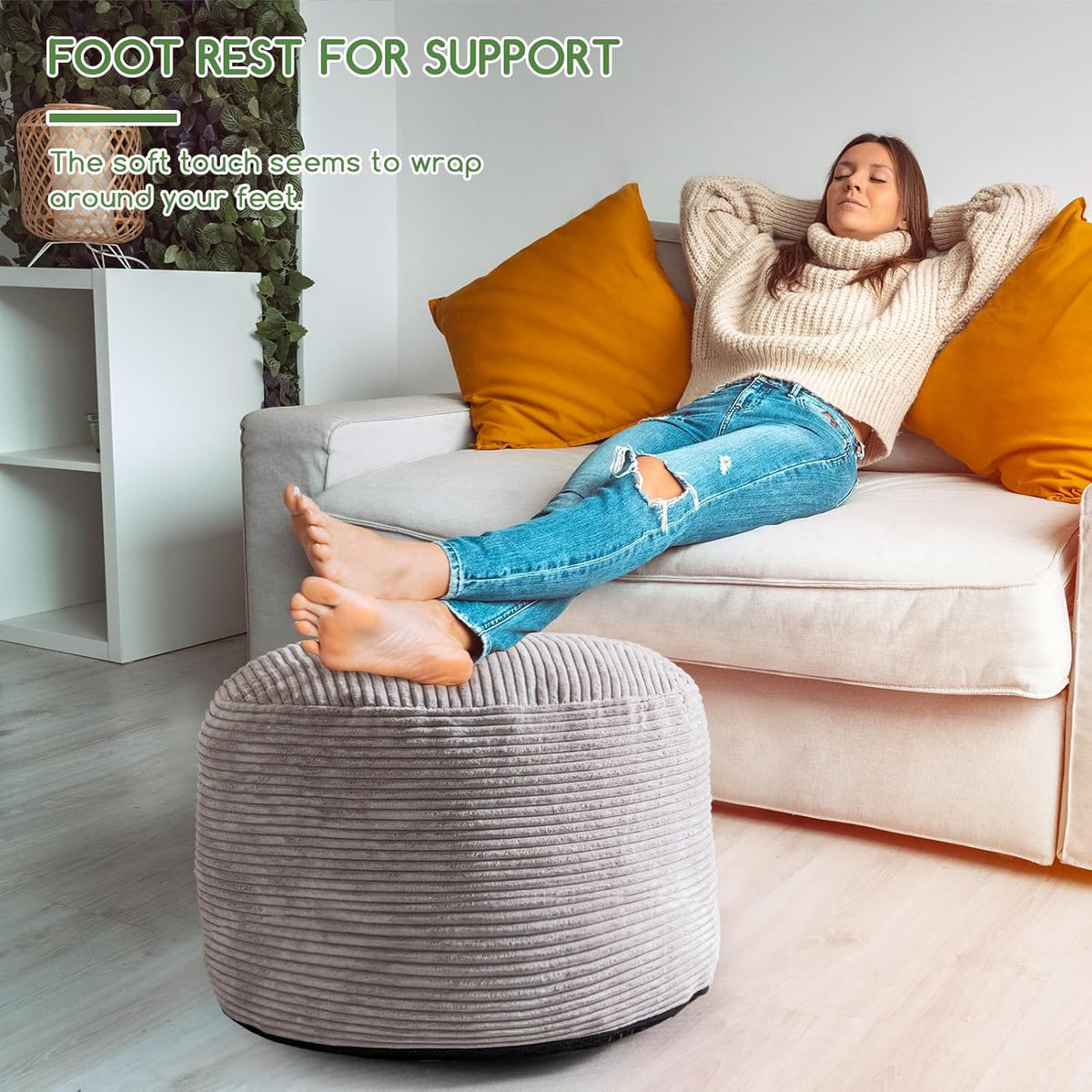 Round Stuffed Pouf Ottoman, Corduroy Poufs with Foam Chunk Filling, Furry and Fluffy Pouf Foot Stool Storage Ottoman, 20 X 15 Floor Poufs Foot Rest for Living Room, Dark Grey
