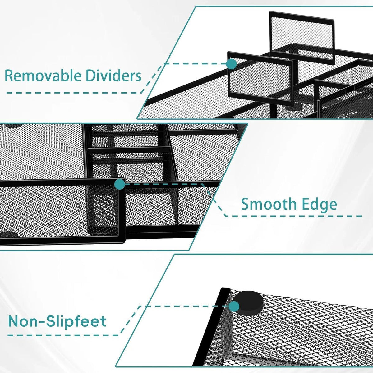 Expandable Desk Drawer Organizer Tray with 10 Adjustable Compartments, Metal Mesh Office Drawer Organizer, Versatile Desk Organizer for Home, School Supplies, Makeup Vanity & Jewelry (Black)