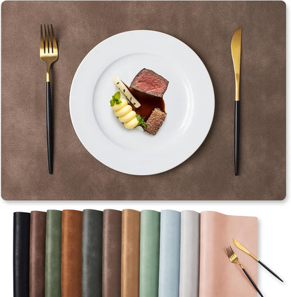 MOSAYT Vinyl Placemats Set of 6-12 X 17 Inch - Faux Leather 100% Waterproof Oil-Proof Wipeable PU Place Mats, Heat Resistant Reversible Table Mats for Kitchen, Dining, Outdoor, Reddish Brown
