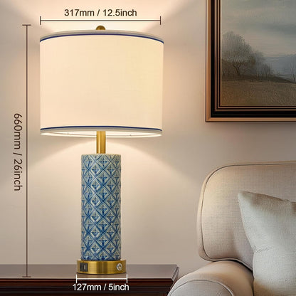 Small Bedside Table Lamp for Bedroom - Reading Desk Lamp with 3 Color Temperatures，15.5" Nightstand Ceramic Lamp with Fabric Shade for Kids Room,Living Room,Dorm,Home Office (Green)