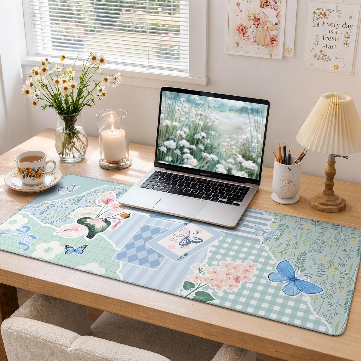 Desk Mat,Mouse Pad for Office Desk,35.4x15.7in,Pink Flowers