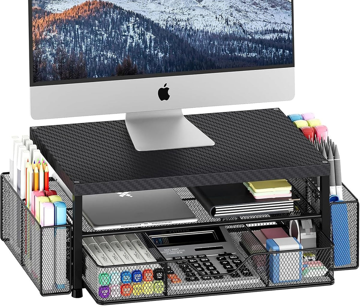 Desk Organizers and Accessories, Computer Monitor Stand Riser with Drawer and 2 Pen Holders, Printer & Laptop Stand, Office Desk Accessories & Workspace Organizers for Home Office Supplies, Black