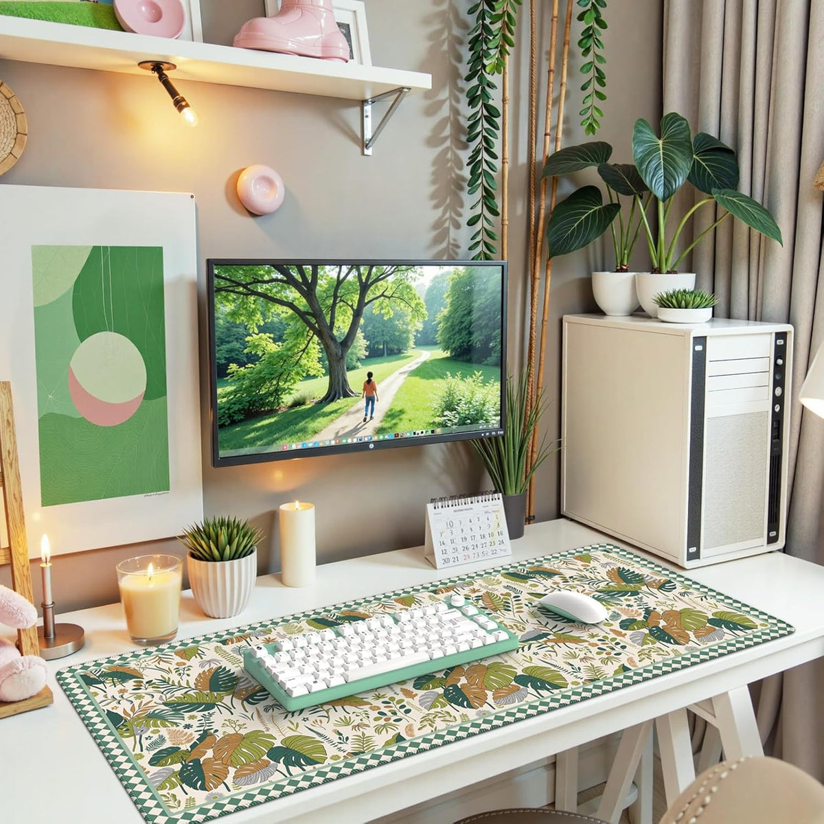 Desk Mat,Mouse Pad for Office Desk,35.4x15.7in,Pink Flowers