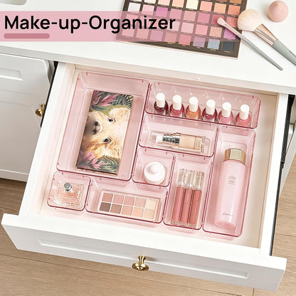 Vtopmart 25 PCS Clear Plastic Drawer Organizers Set, 4-Size Versatile Bathroom and Vanity Drawer Organizer Trays, Storage Bins for Makeup, Bedroom, Kitchen Gadgets Utensils and Office