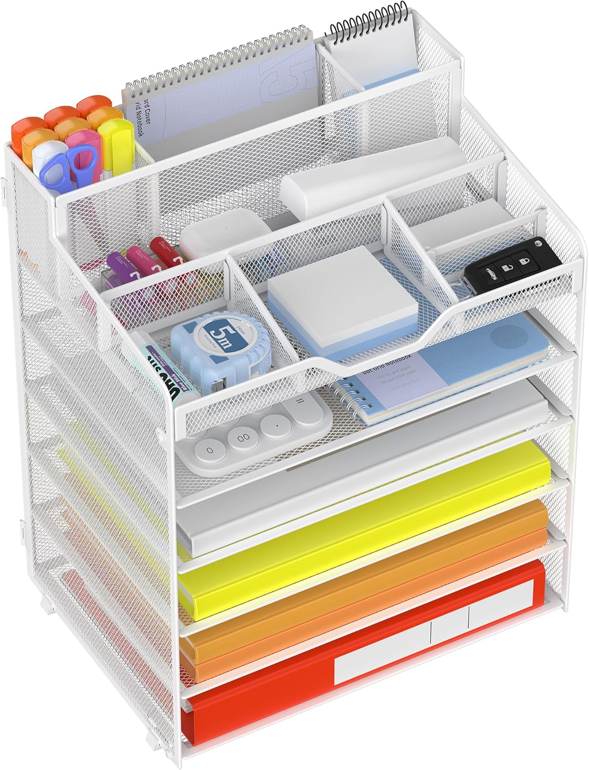 Docnest 5 Tier Mesh Desk Organizer for Paper Office Supplies – Multi-Functional Letter Tray with 5 Adjustable Compartments, 3 Pen Holders, Desktop Storage for Files, Mail, Stationery – Black