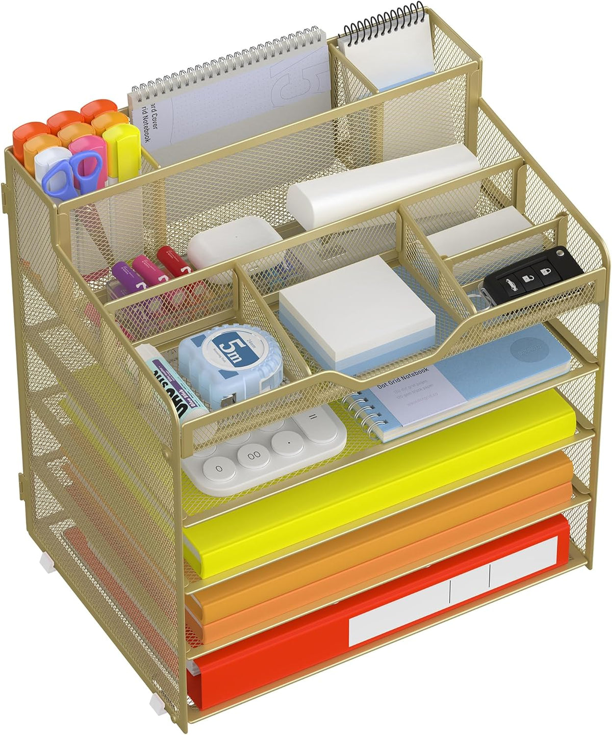 Docnest 5 Tier Mesh Desk Organizer for Paper Office Supplies – Multi-Functional Letter Tray with 5 Adjustable Compartments, 3 Pen Holders, Desktop Storage for Files, Mail, Stationery – Black