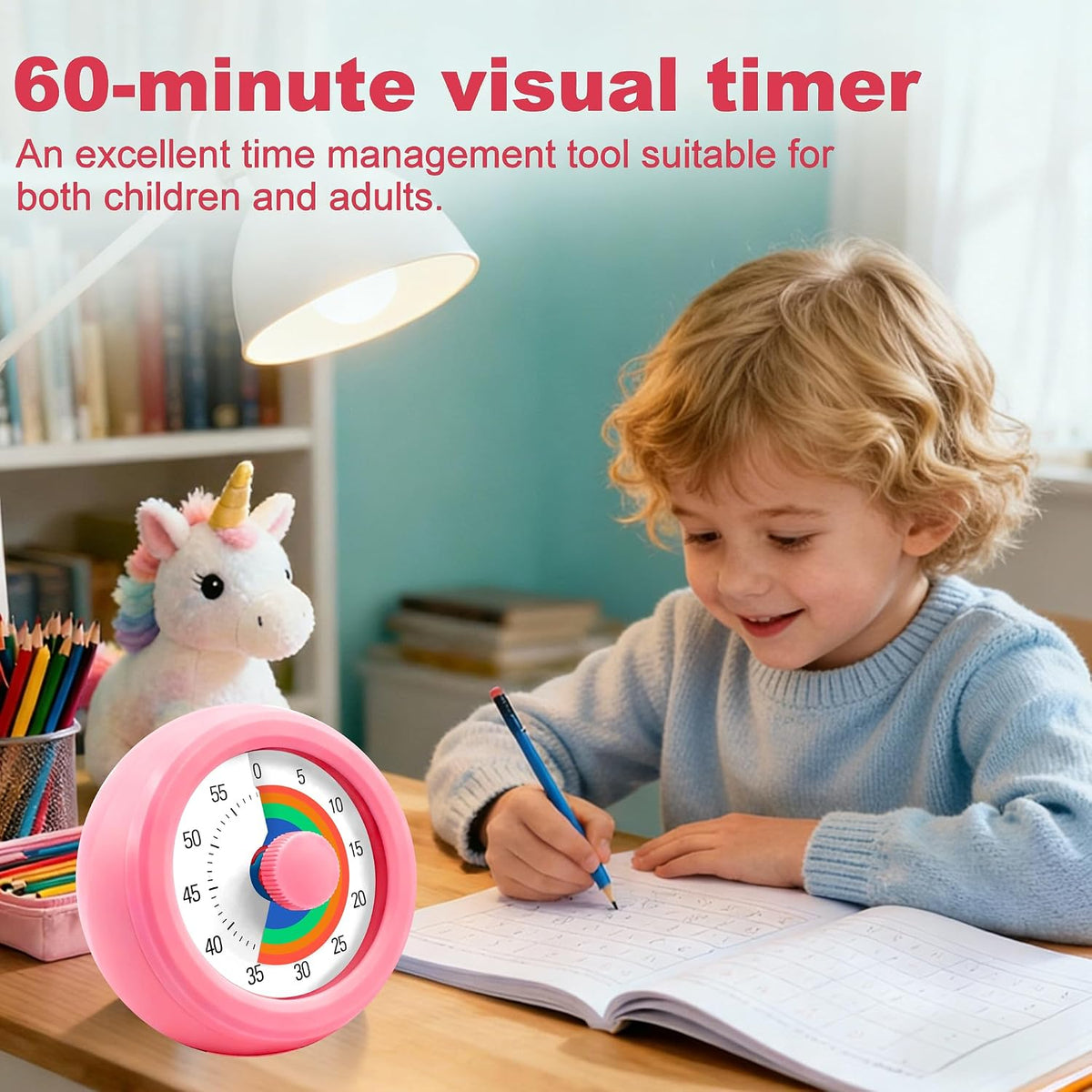 60 Minute Visual Timer with Silent Operation Visual Countdown Timer Rainbow Disk 60 Minute Countdown Timer Task Reminder Home and Kitchen Timer for Kids Desk, Office Meetings (White-Rainbow)