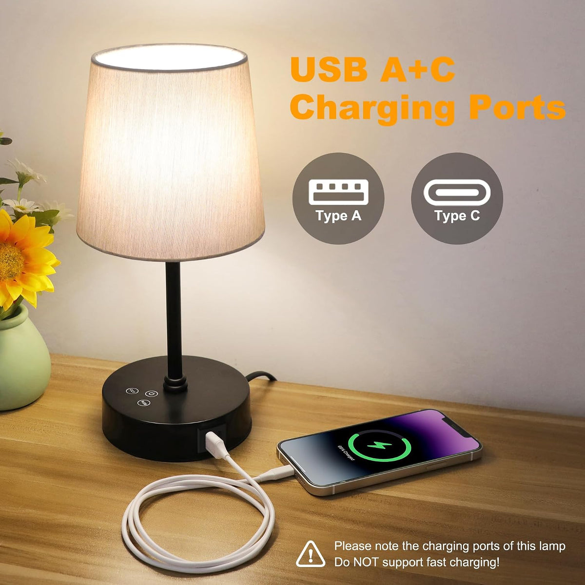 Ascher Small Bedside Table lamp, RGB Color Changing Lamps, 3 Color Temperatures, Dimmable Nightstand Lamp with USB C+A Ports, Touch Desk Lamp for Bedroom Living Room, H11.4in(Flaxen Shade)