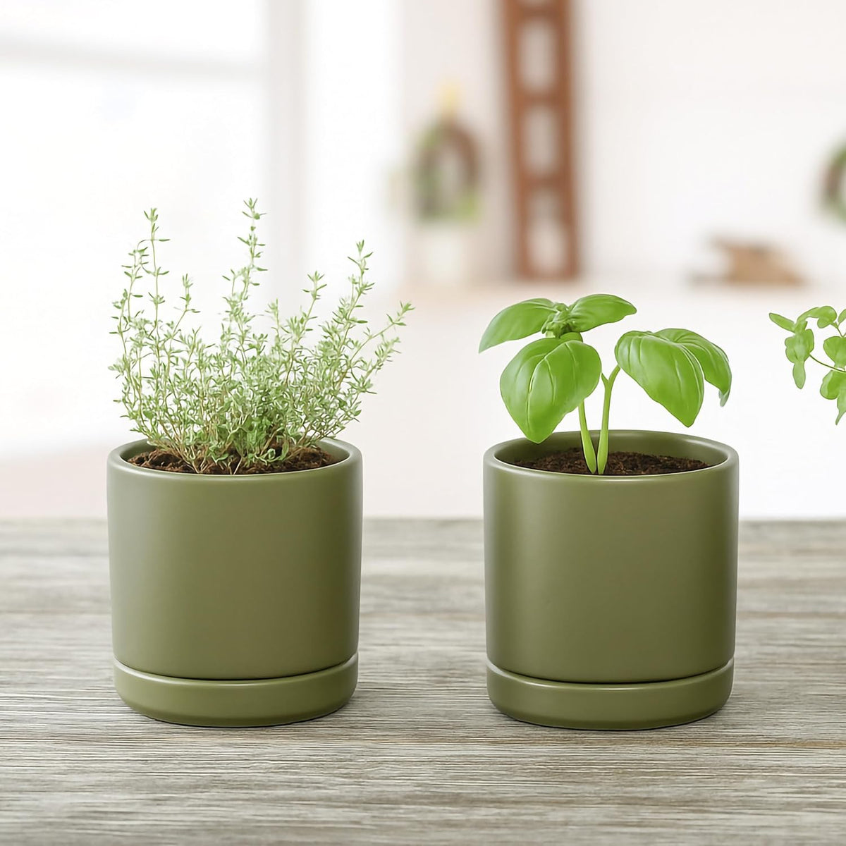 D'vine Dev 4.7 Inch Ceramic Planter Pot with Drainage Hole and Saucer, Indoor Cylinder Round Planter Pot, Teal, 94-O-B-9