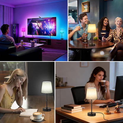 Ascher Small Bedside Table lamp, RGB Color Changing Lamps, 3 Color Temperatures, Dimmable Nightstand Lamp with USB C+A Ports, Touch Desk Lamp for Bedroom Living Room, H11.4in(Flaxen Shade)