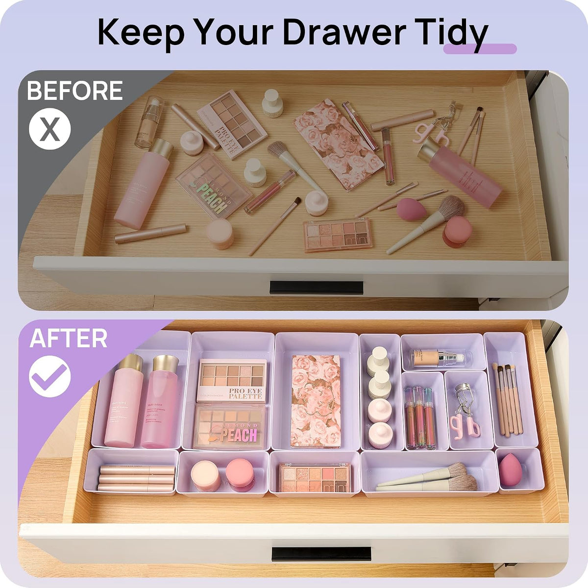 Vtopmart 25 PCS Clear Plastic Drawer Organizers Set, 4-Size Versatile Bathroom and Vanity Drawer Organizer Trays, Storage Bins for Makeup, Bedroom, Kitchen Gadgets Utensils and Office