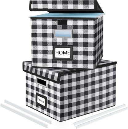 Upgraded Portable File Organizer Box with Lid, Collapsible Linen Hanging Filing Storage Boxes with Plastic Slides, Decorative Home/Office Filing System Box for File and Folders Storage (Gray)