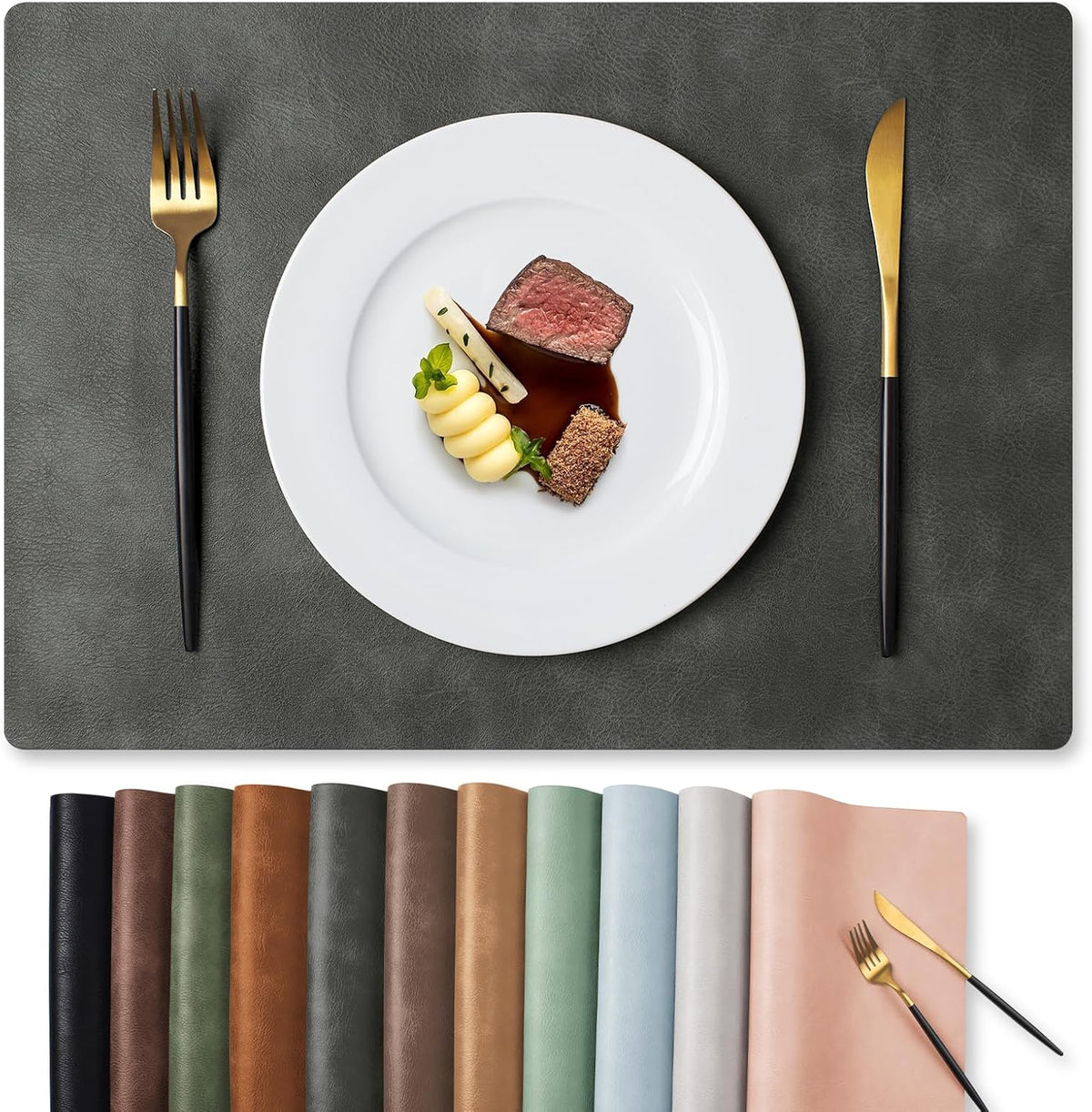 MOSAYT Vinyl Placemats Set of 6-12 X 17 Inch - Faux Leather 100% Waterproof Oil-Proof Wipeable PU Place Mats, Heat Resistant Reversible Table Mats for Kitchen, Dining, Outdoor, Reddish Brown