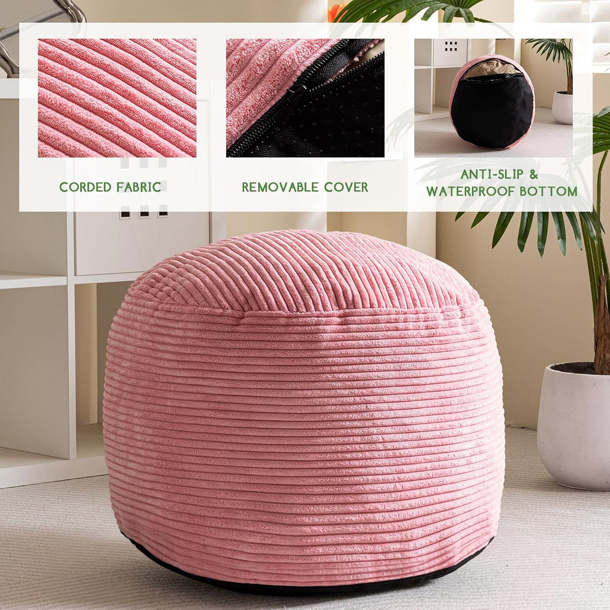 Round Stuffed Pouf Ottoman, Corduroy Poufs with Foam Chunk Filling, Furry and Fluffy Pouf Foot Stool Storage Ottoman, 20 X 15 Floor Poufs Foot Rest for Living Room, Dark Grey